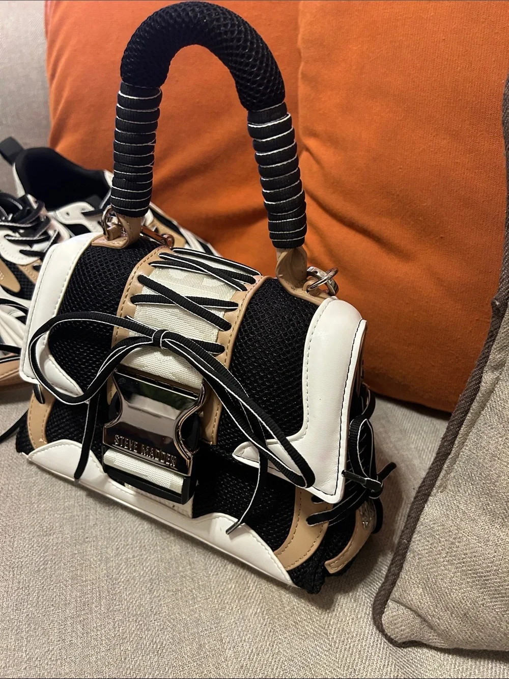 Steve Madden Black White and Tan Lace-Up Mini Satchel